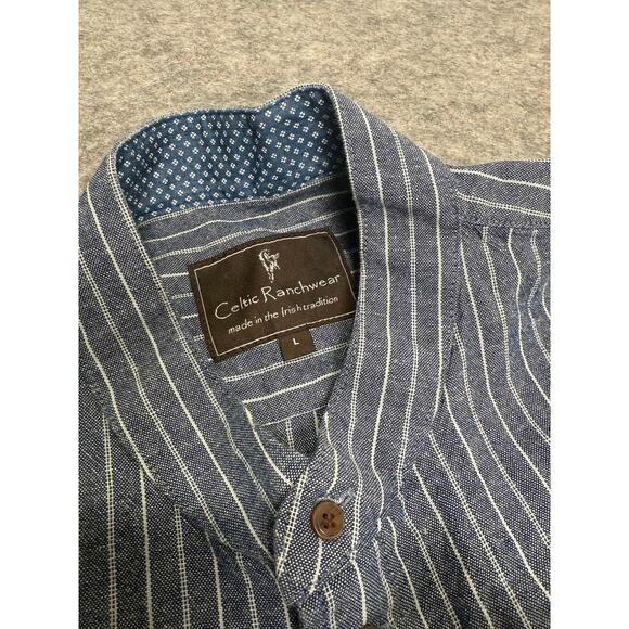 Celtic Ranchwear Shirt L Blue White Stripe Band Collar Button Cotton Linen - Picture 4 of 9